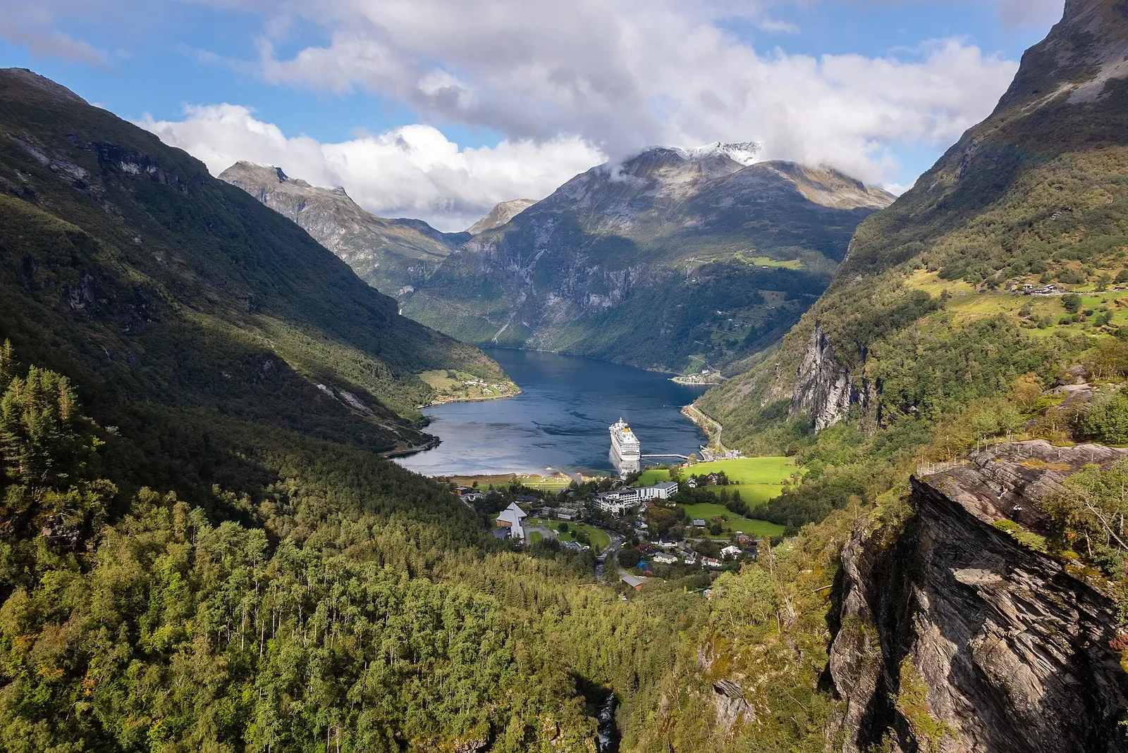 Vue plongeante sur un fjord encaissé entre des versants boisés, avec un village au fond et un paquebot amarré