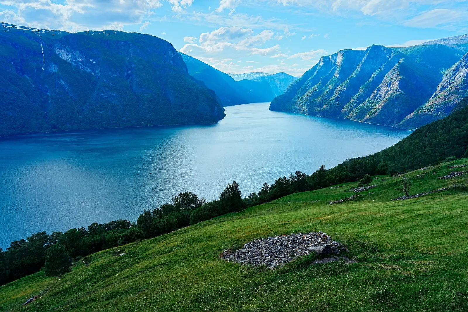 Vue en hauteur sur un fjord bleu entouré de hautes montagnes, avec une prairie verte et des arbres au premier plan